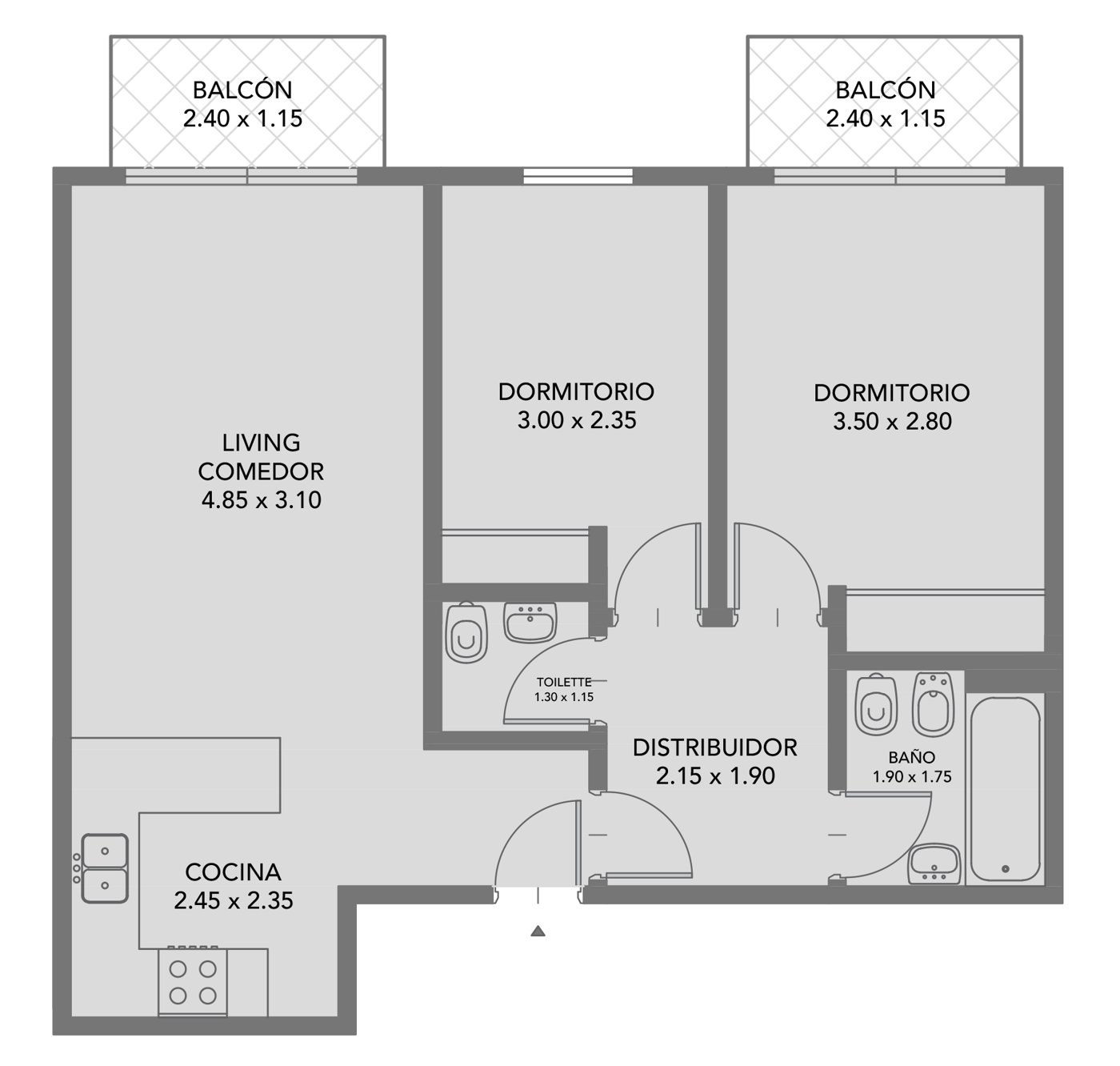 Plano del 3 ambientes en Le Bretón al 4700